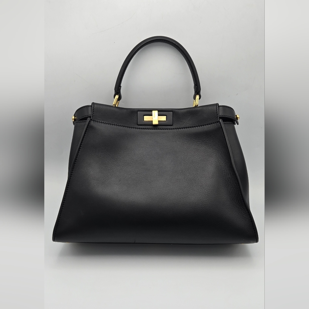 Fendi Peekaboo Regular Black Leather Satchel Gold Hardware Made in Italy